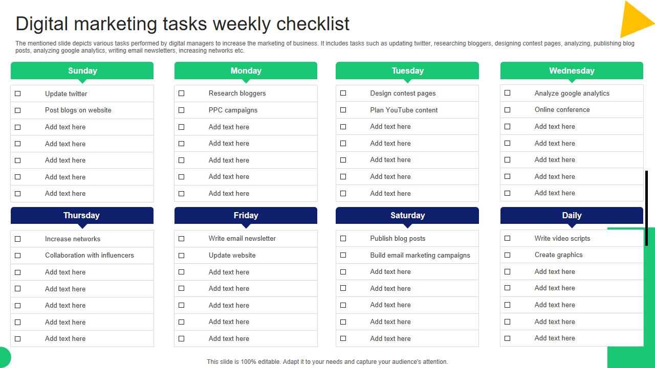 Digital marketing tasks weekly checklist