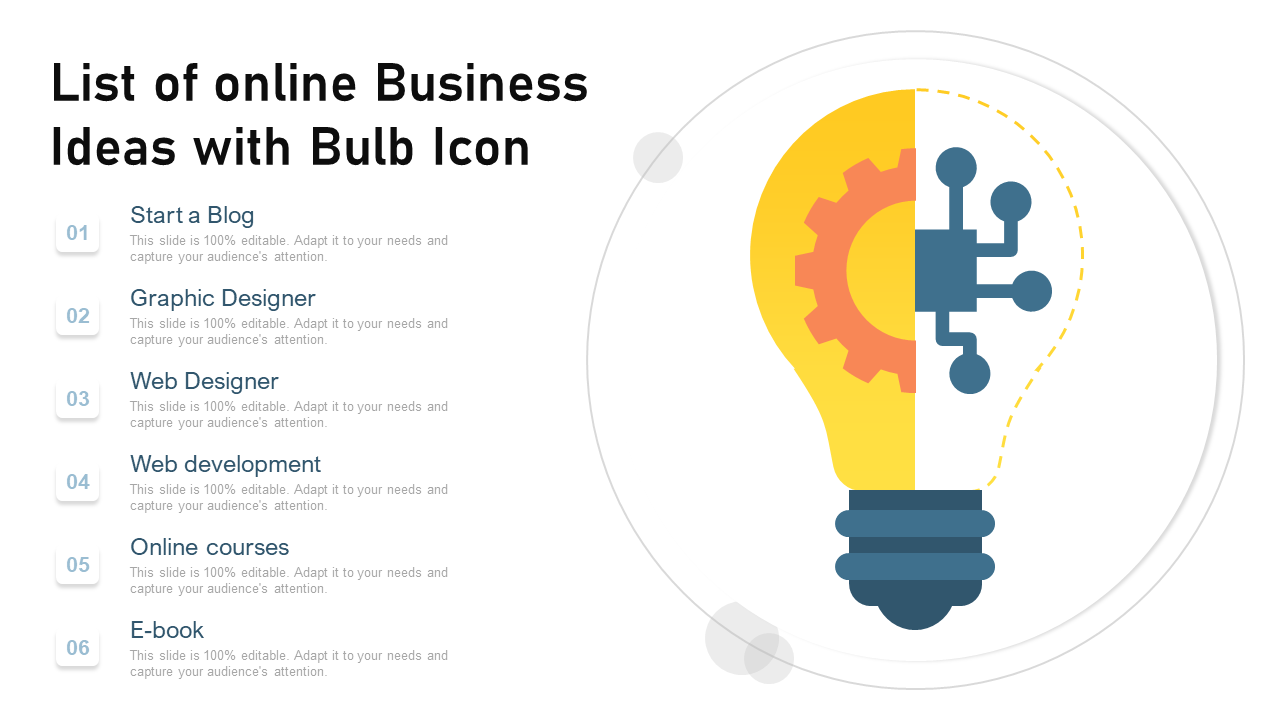 List of online Business Ideas with Bulb Icon