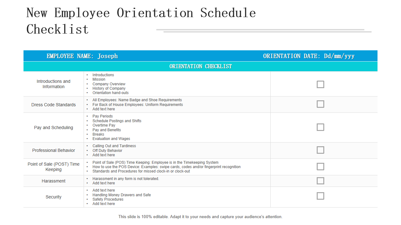 New Employee Orientation Schedule Checklist