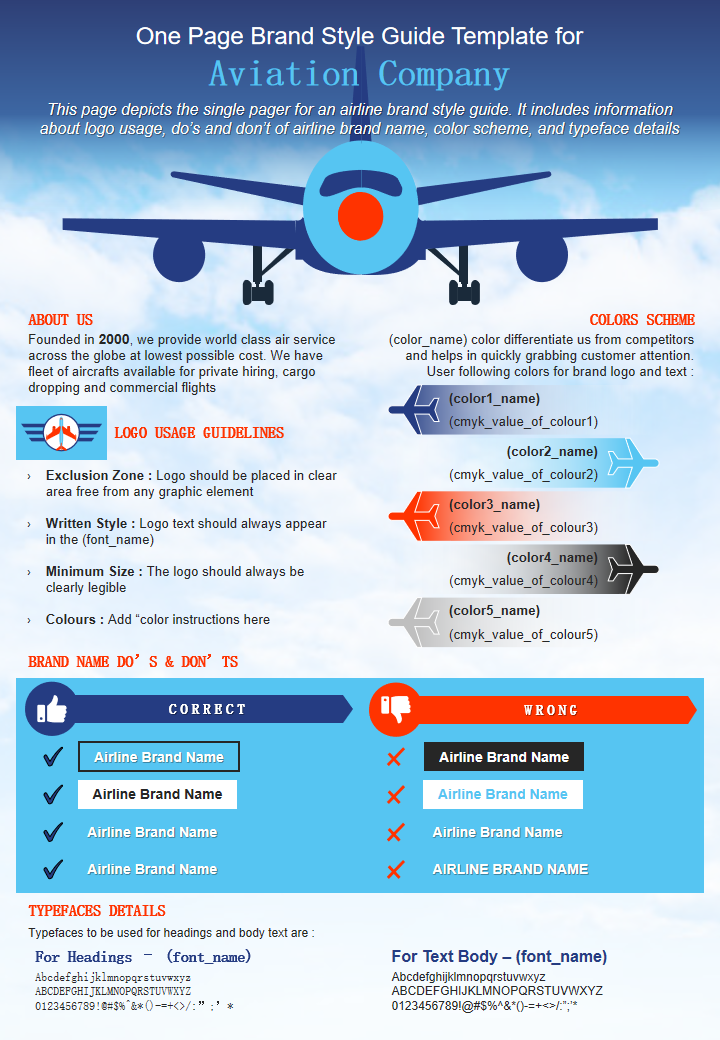One Page Brand Style Guide Template for Aviation Company