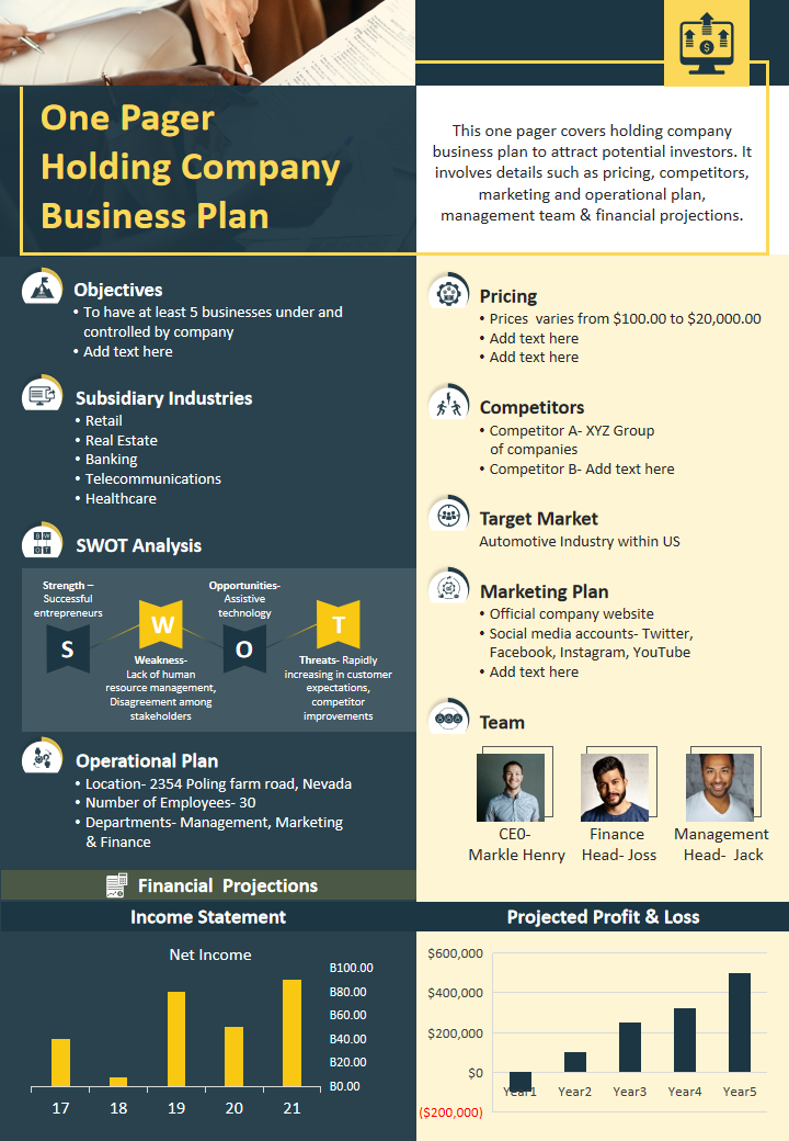 One Pager Holding Company Business Plan
