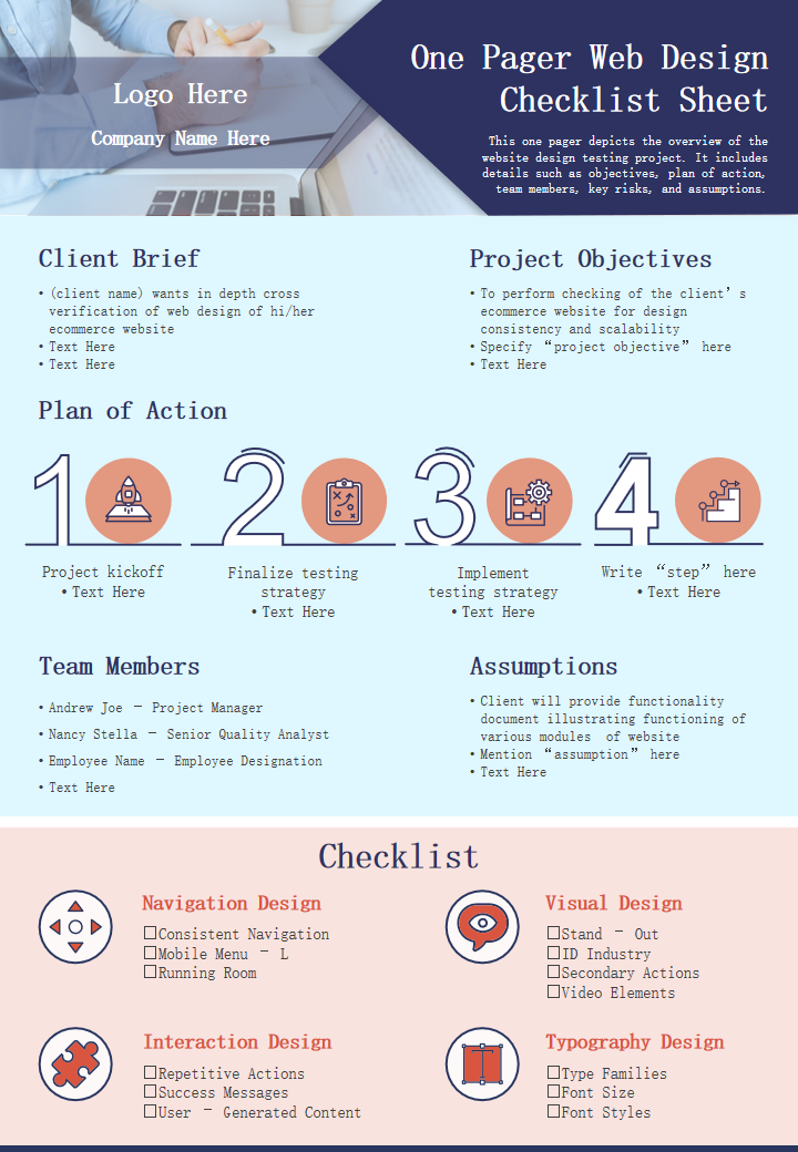 One Pager Web Design Checklist Sheet