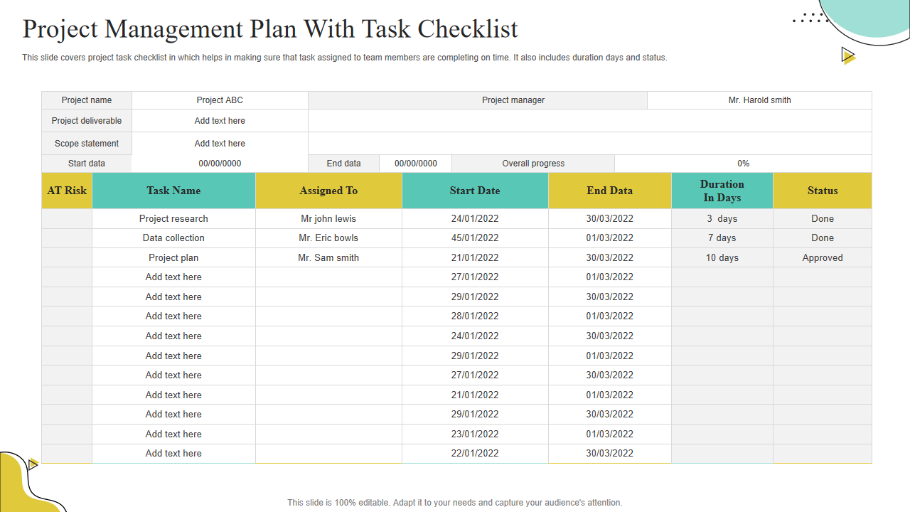 Project Management Plan With Task Checklist