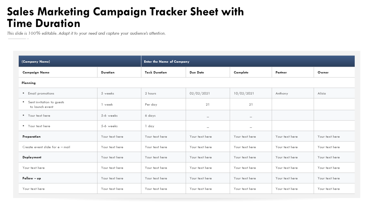 Sales Marketing Campaign Tracker Sheet with Time Duration