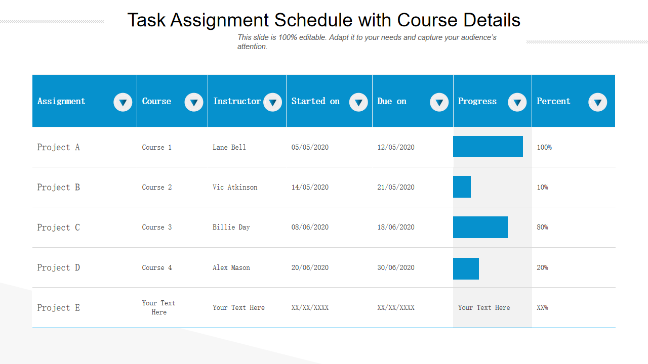 Task Assignment Schedule with Course Details