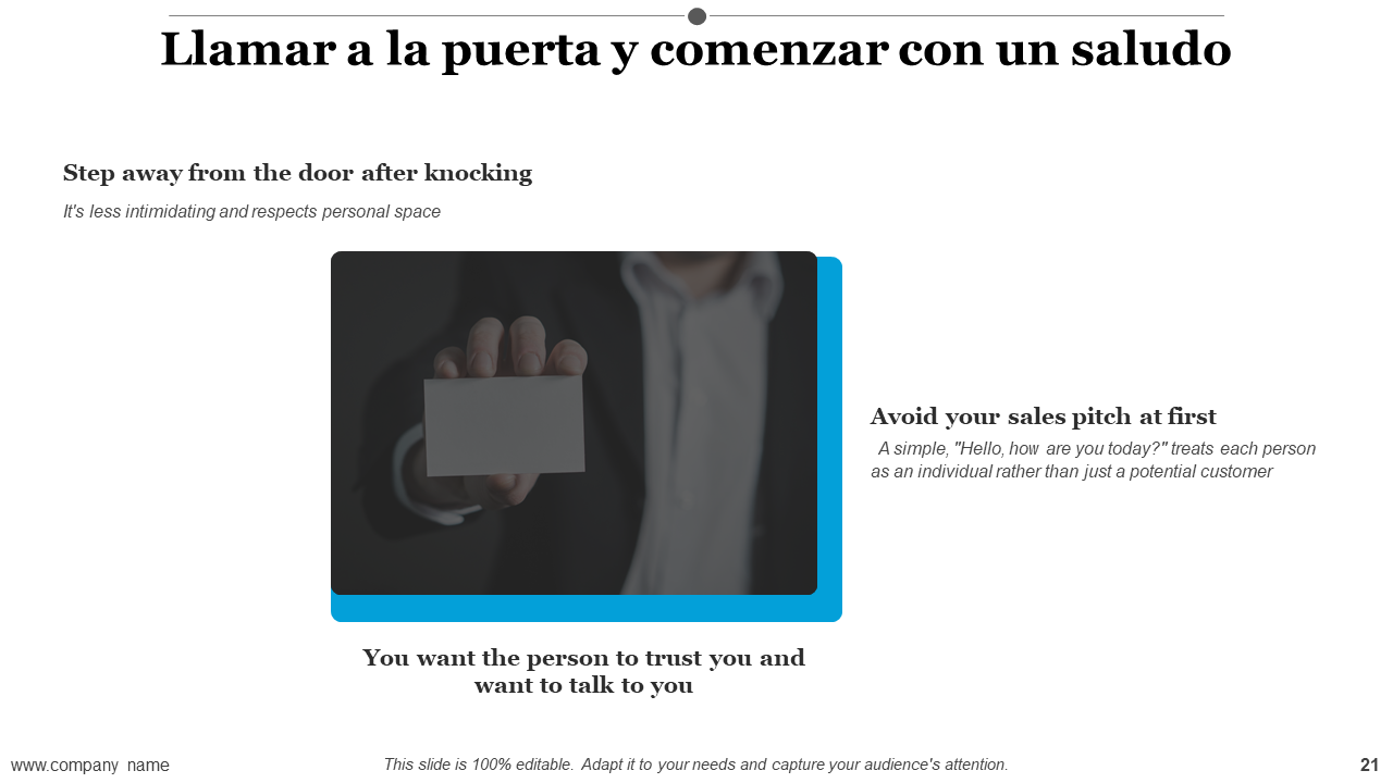 Llamar a la puerta y comenzar con un saludo Llamar a la puerta y comenzar con un saludo