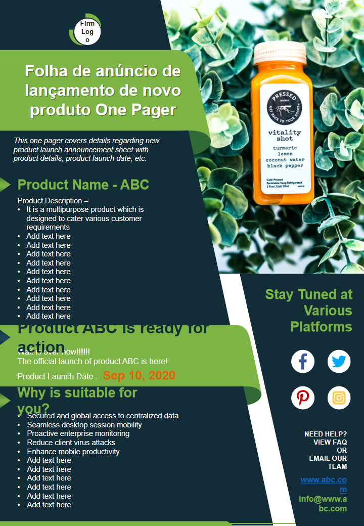 Folha de an&uacute;ncio de lan&ccedil;amento de novo produto One Pager