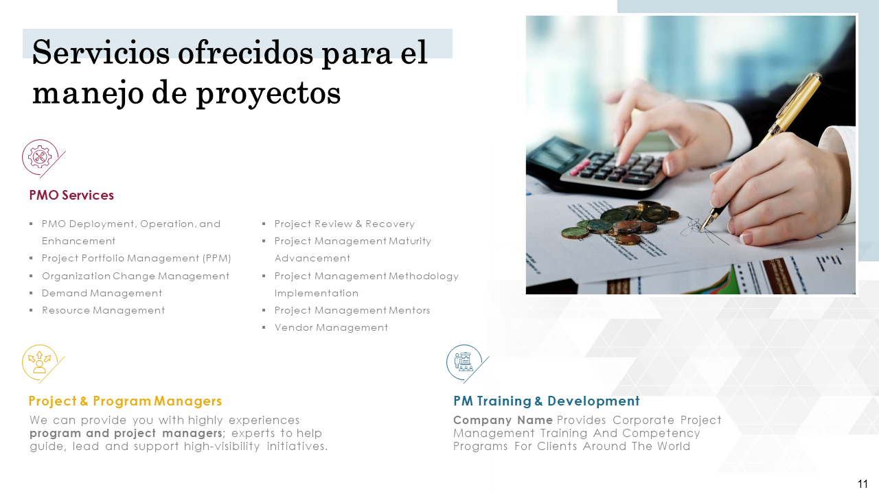 Servicios ofrecidos para el manejo de proyectos