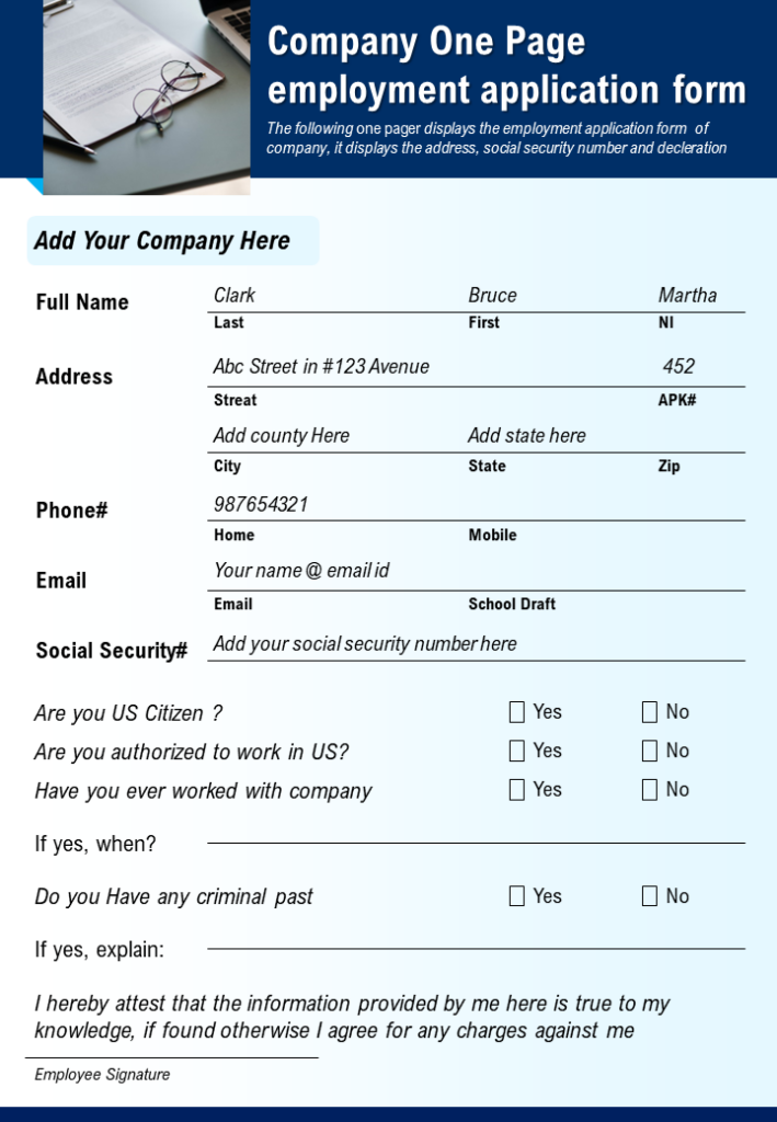 Company One Page employment application form Template