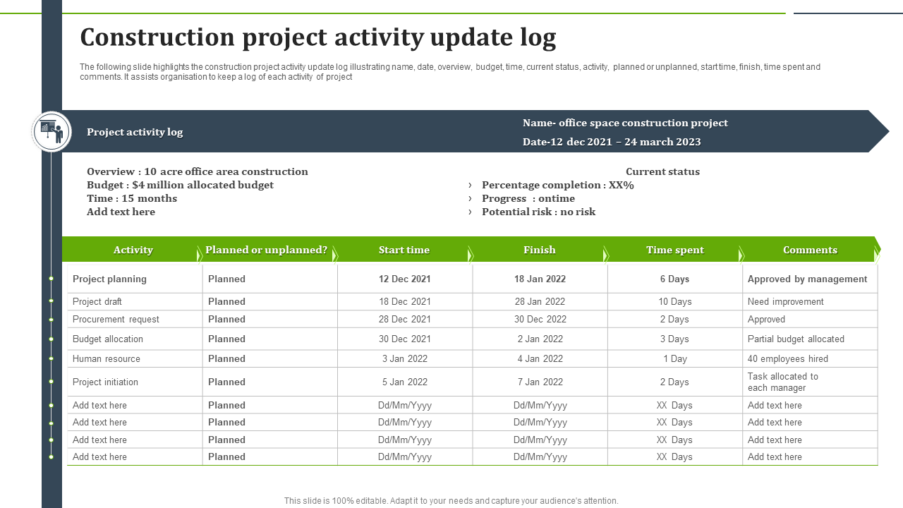Construction project activity update log