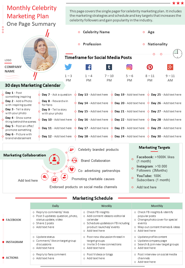Monthly Celebrity Marketing Plan One Page Summary