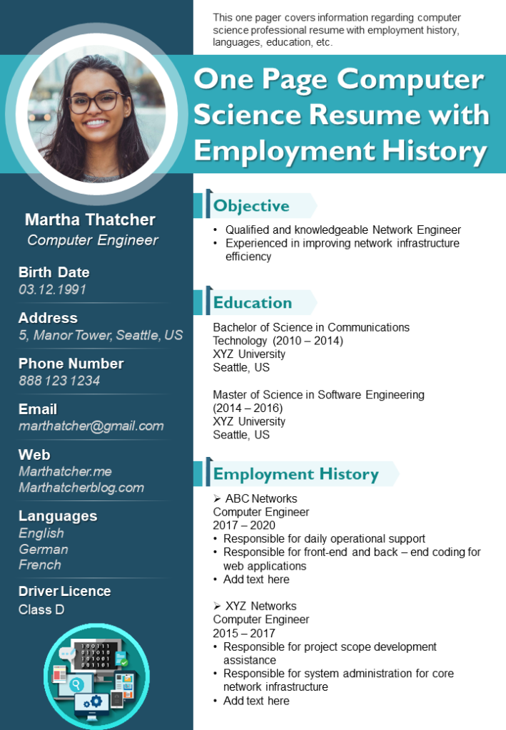 One Page Computer Science Resume with Employment History One Page Computer Science Resume with Employment History