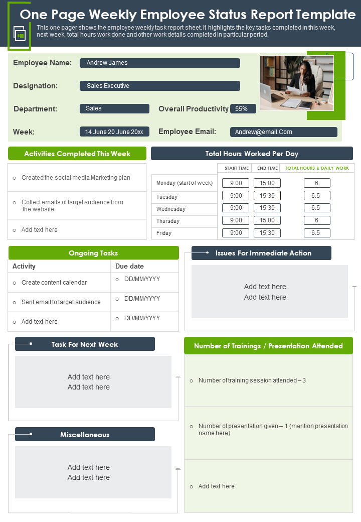 One Page Weekly Employee Status Report Template