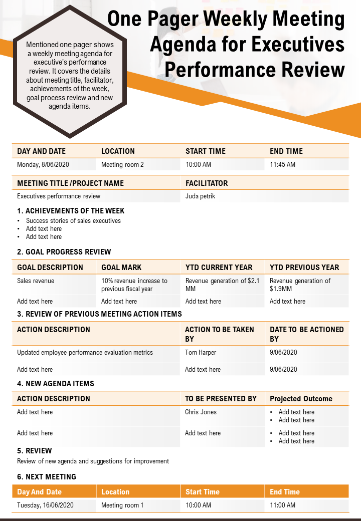 One Pager Weekly Meeting Agenda for Executives Performance Review