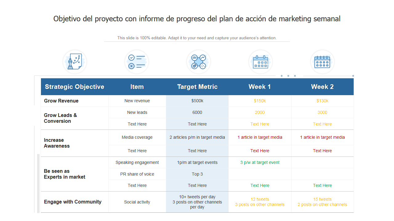 Objetivo del proyecto con informe de progreso del plan de acci&oacute;n de marketing semanal