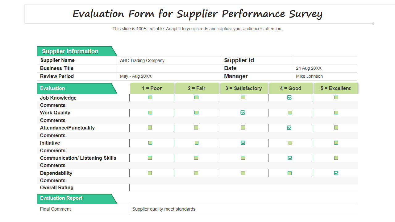 Evaluation Form for Supplier Performance Survey