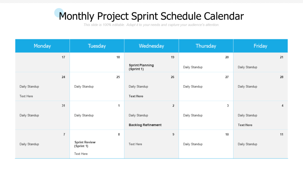 Monthly Project Sprint Calendar Template