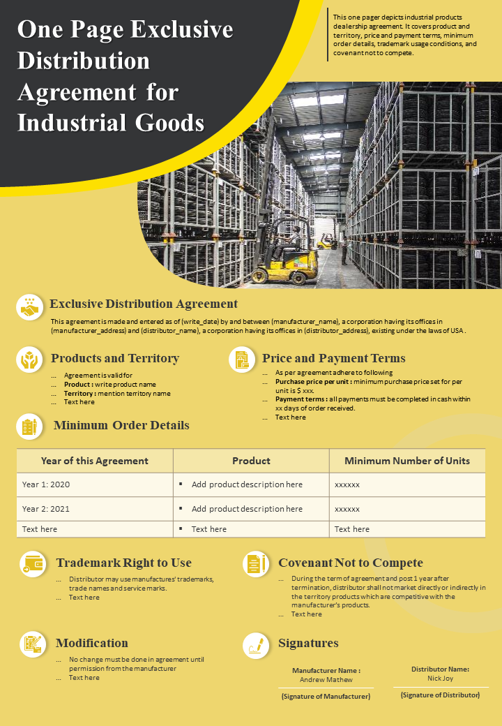 One Page Exclusive Distribution Agreement for Industrial Goods