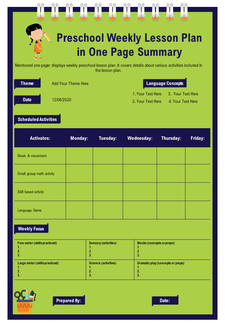 Preschool Weekly Lesson Plan in One Page Summary