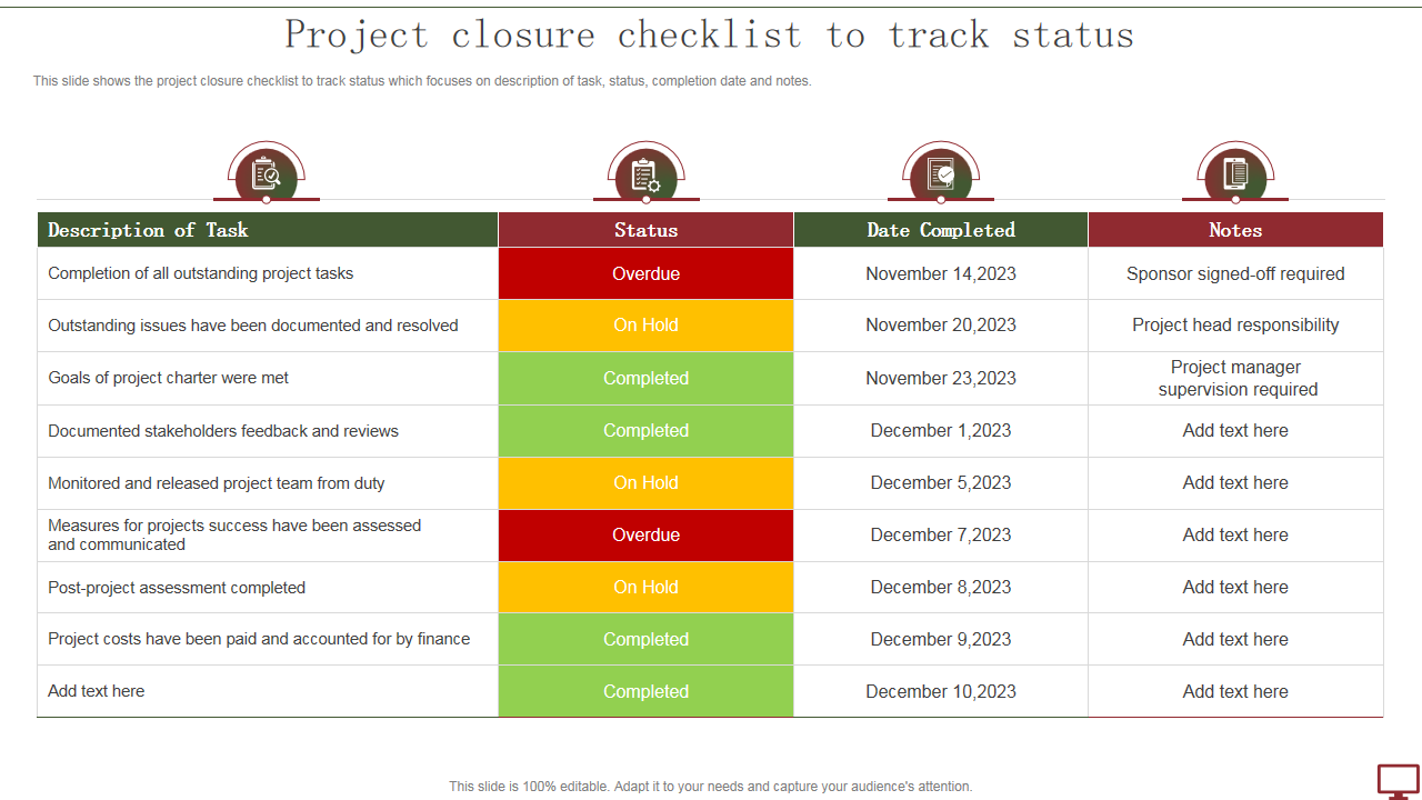 Project closure checklist to track status
