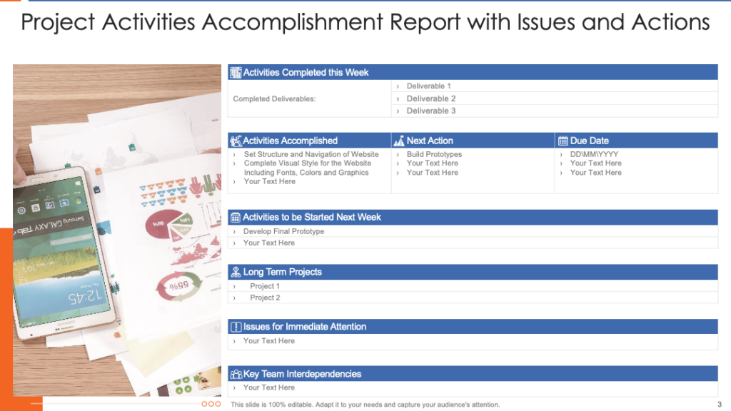 Project Activities Accomplishment Report with Issues and Action PPT Template