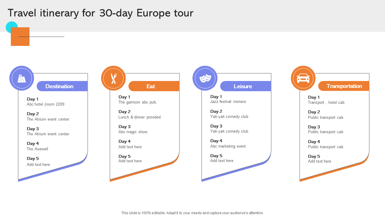 Travel itinerary for 30-day Europe tour