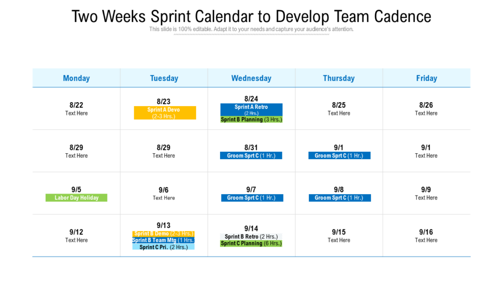 Two-weeks Sprint Calendar to Develop Team Cadence Template