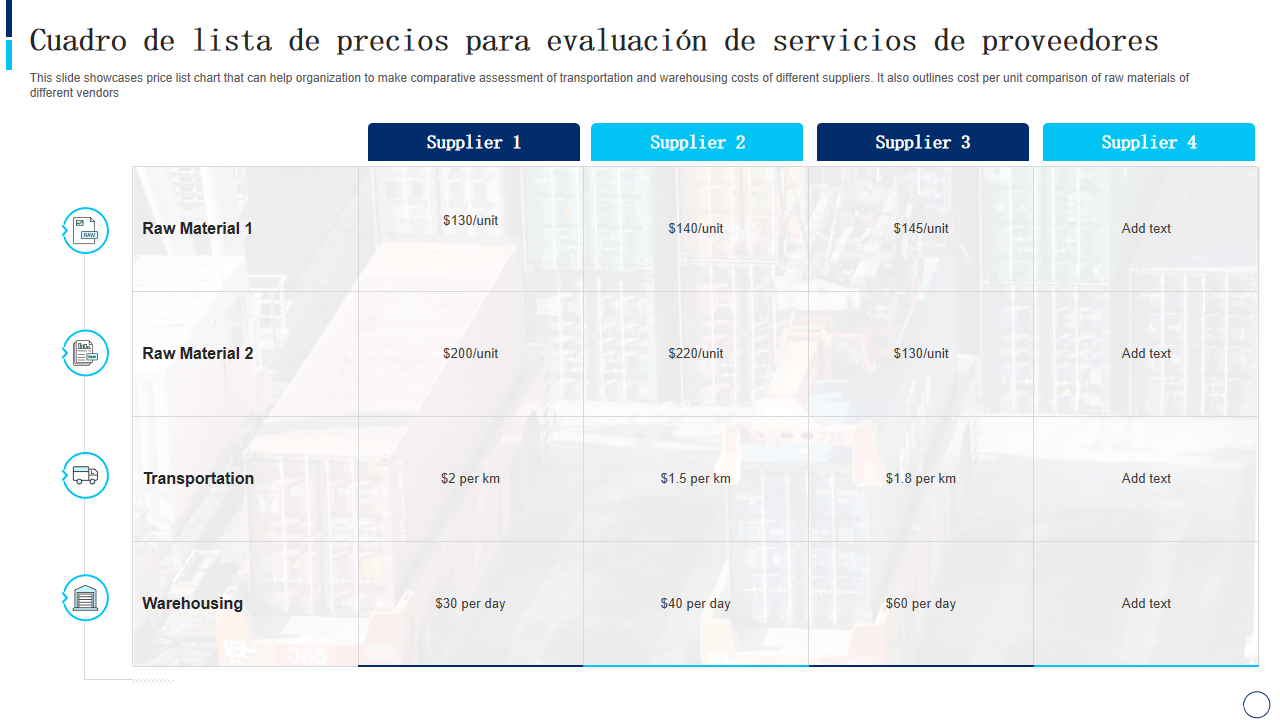 uadro de lista de precios para evaluación de servicios de proveedores uadro de lista de precios para evaluación de servicios de proveedores