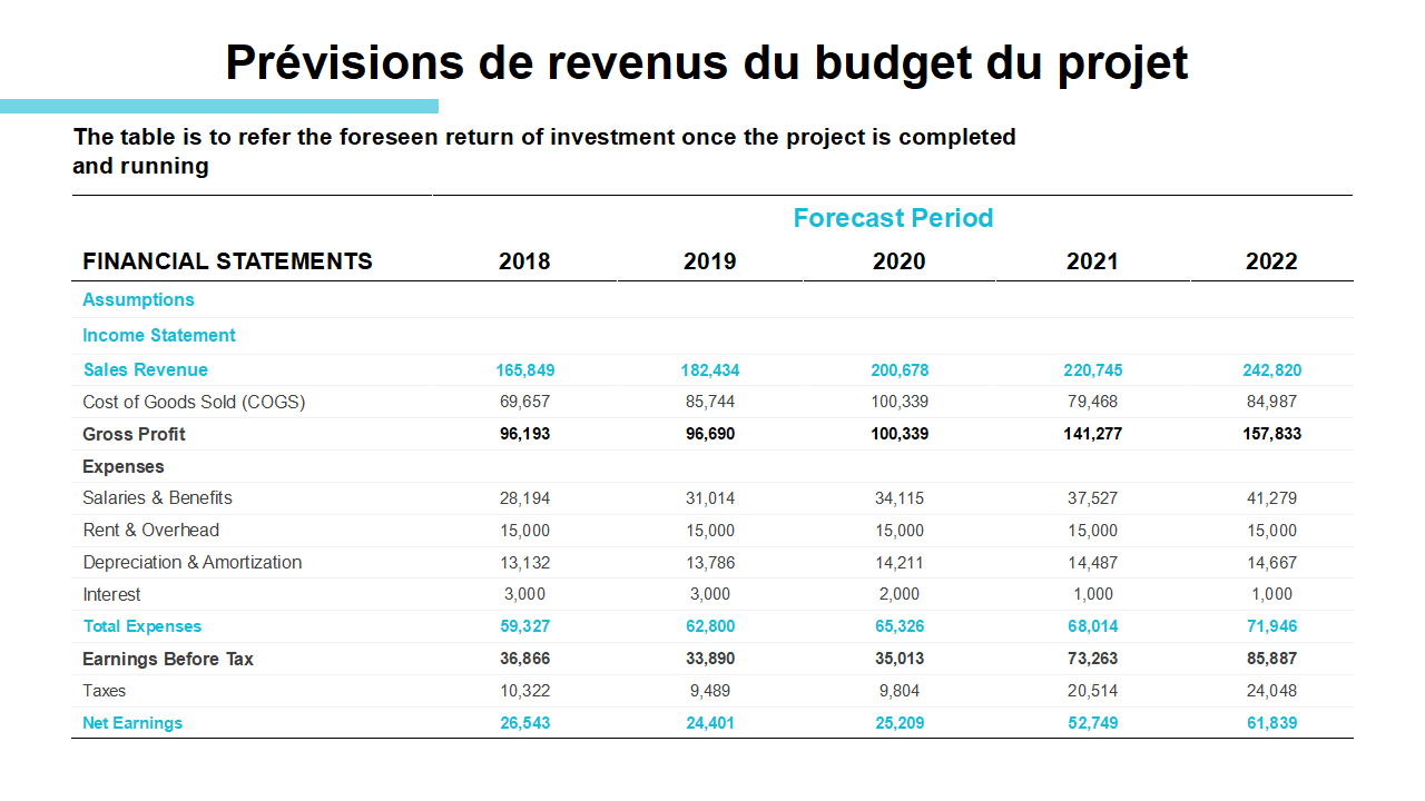 Prévisions de revenus du budget du projet