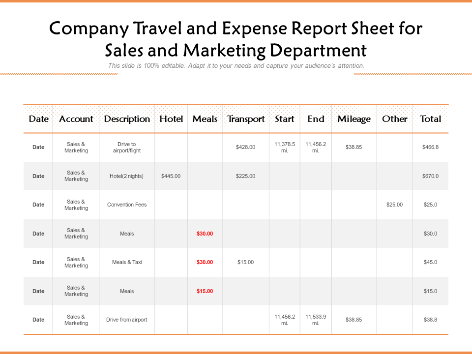 Company Travel and Expense Report Sheet for Sales and Marketing Department