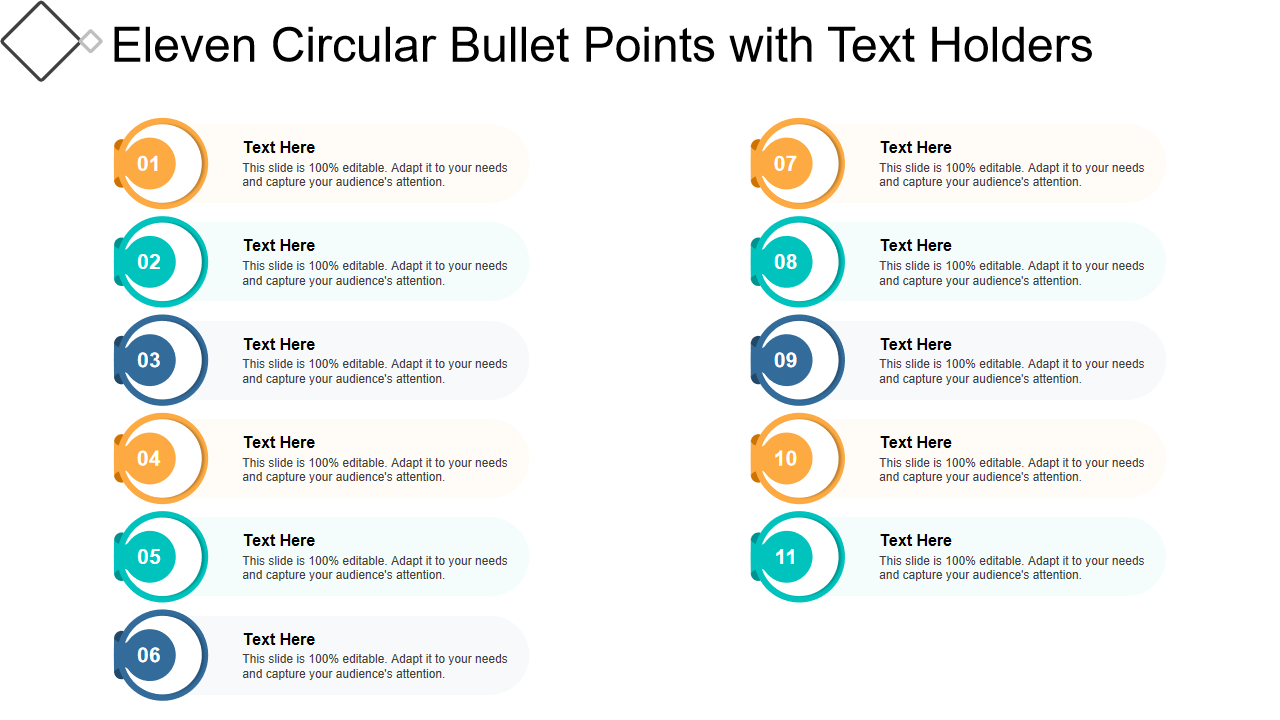 Eleven Circular Bullet Points with Text Holders