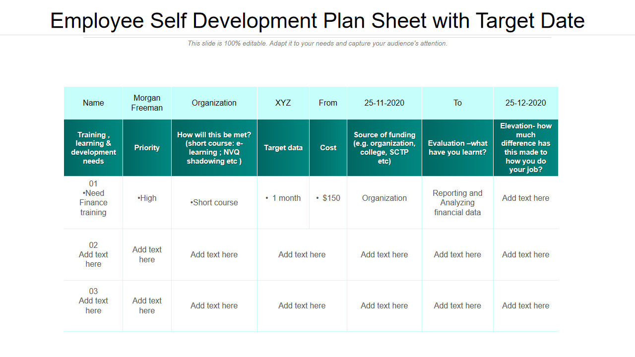 Employee Self Development Plan Sheet with Target Date