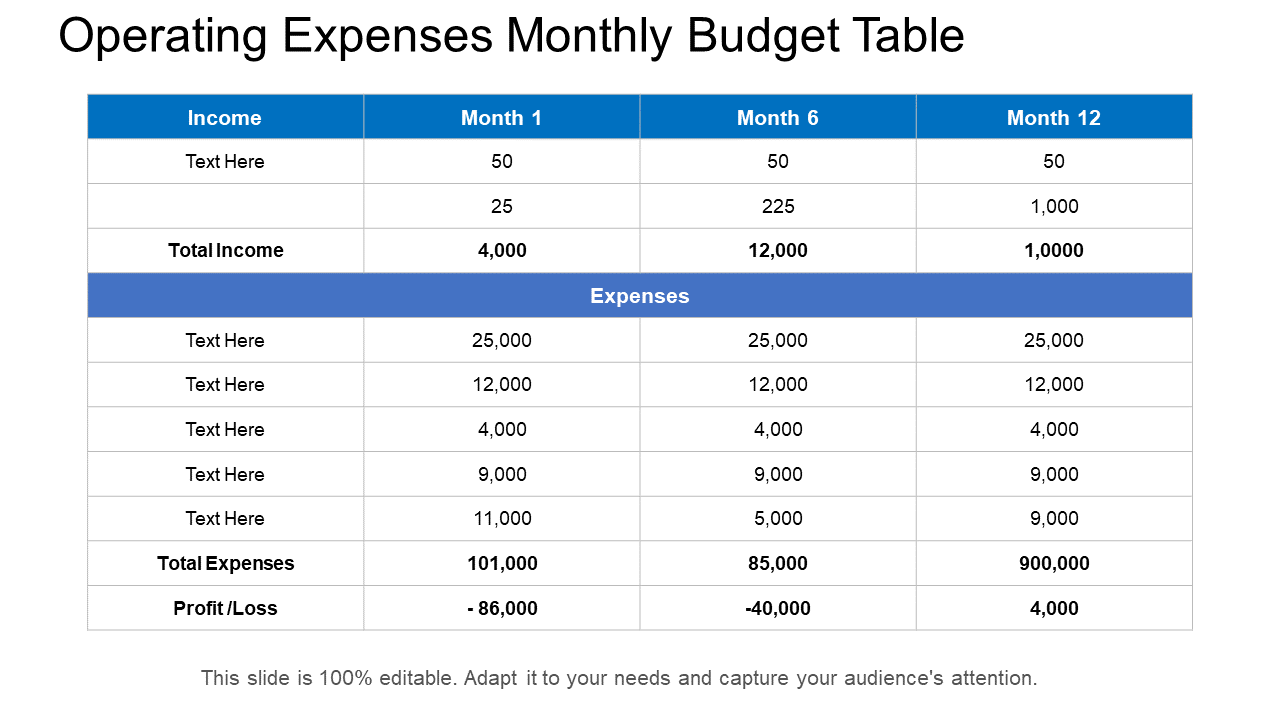 Operating Expenses Monthly Budget Table