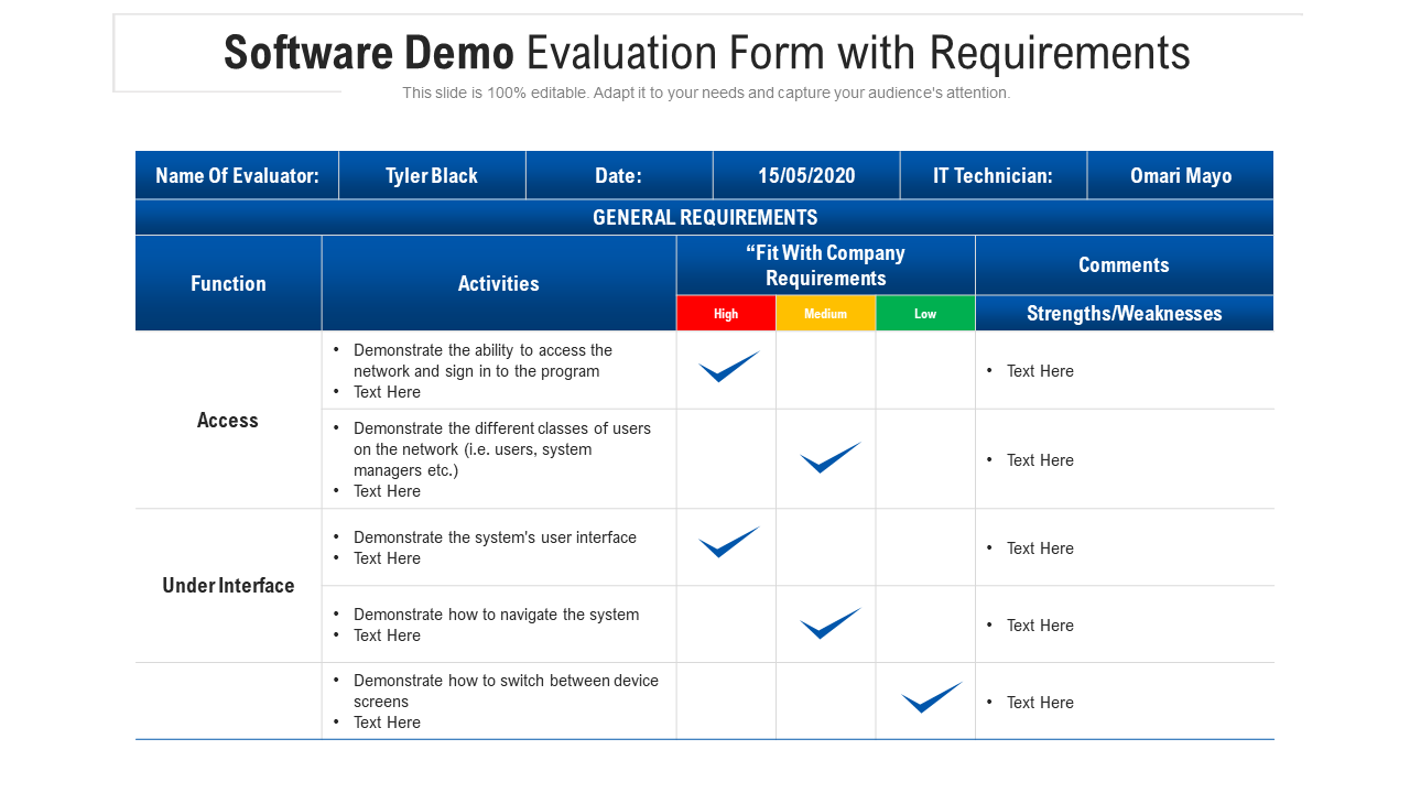 Software Demo Evaluation Form with Requirements