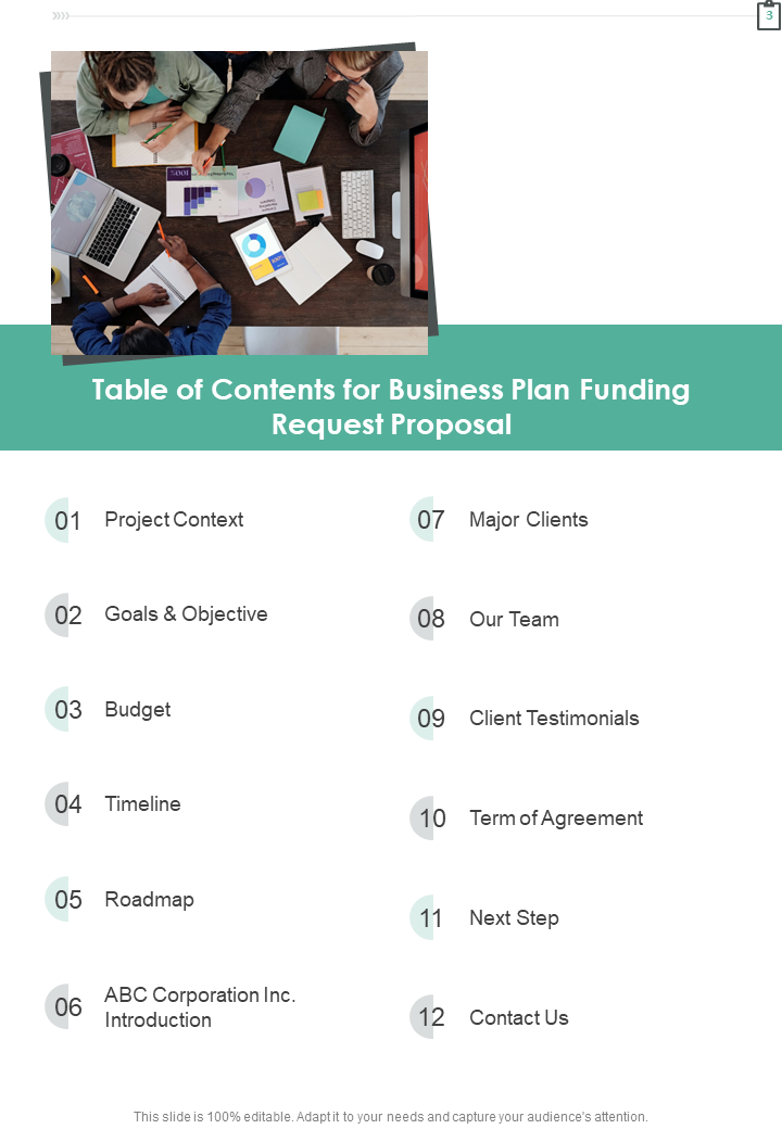 Table of Contents for Business Plan Funding Request Proposal