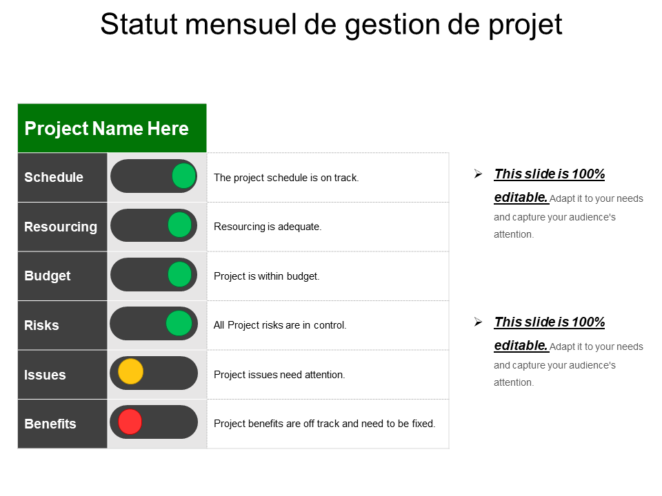  Statut mensuel de gestion de projet