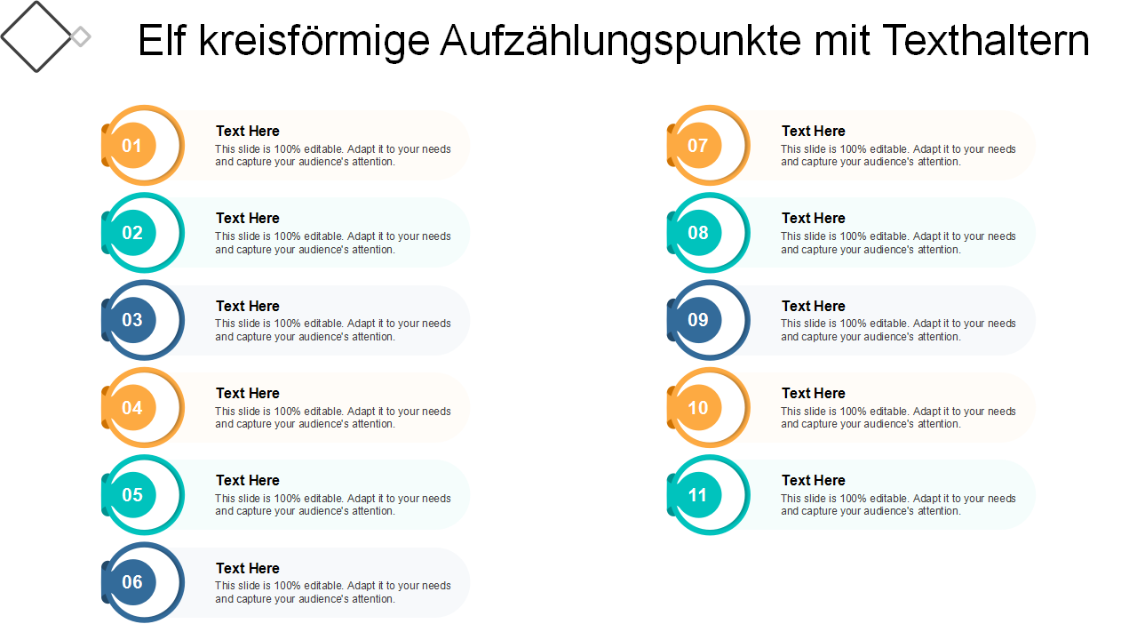  Elf kreisf&ouml;rmige Aufz&auml;hlungspunkte mit Texthaltern