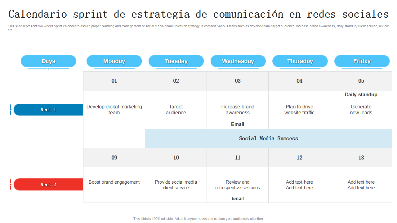 Calendario sprint de estrategia de comunicación en redes sociales Calendario sprint de estrategia de comunicación en redes sociales