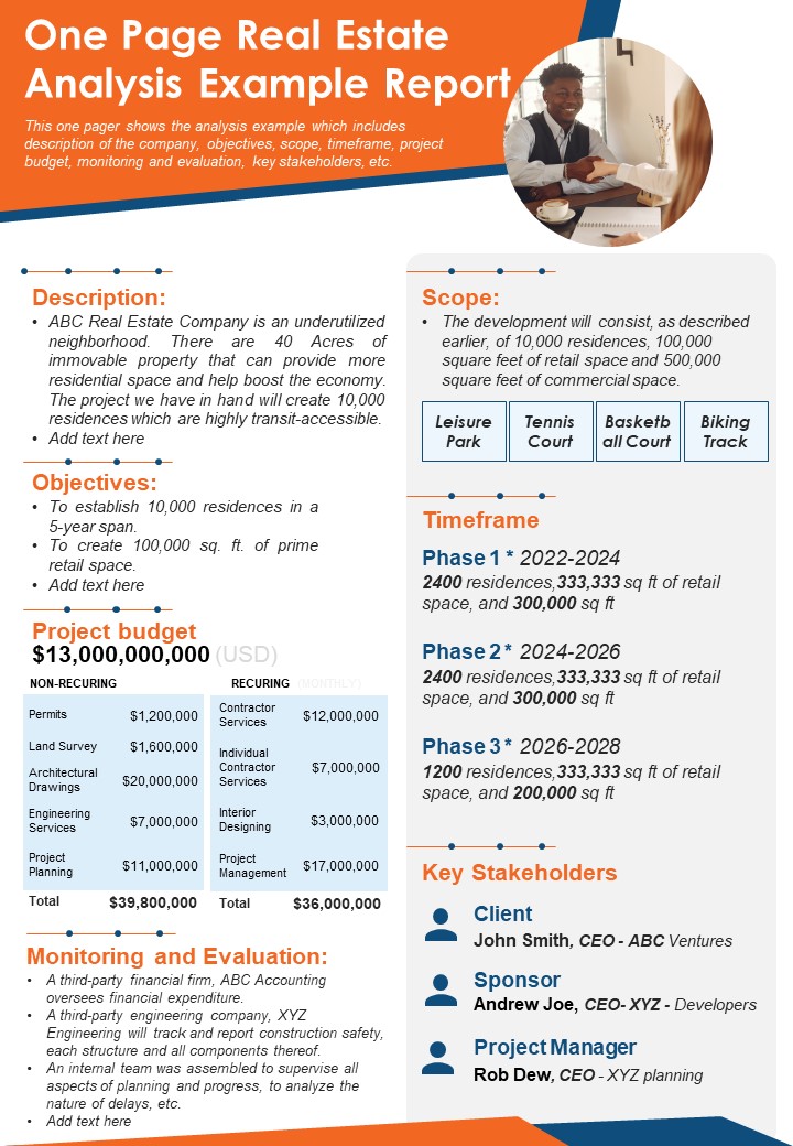 One Page Real Estate Analysis Example Report