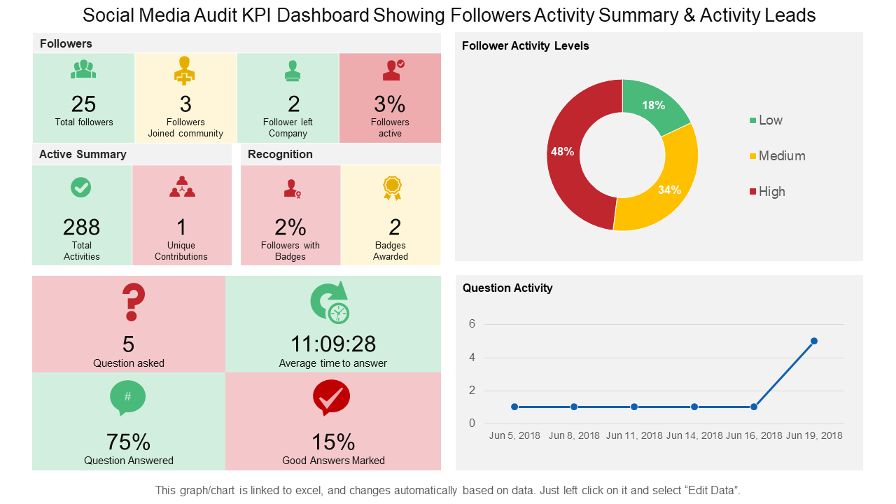 Social Media Audit KPI Dashboard Showing Followers Activity Summary & Activity Leads