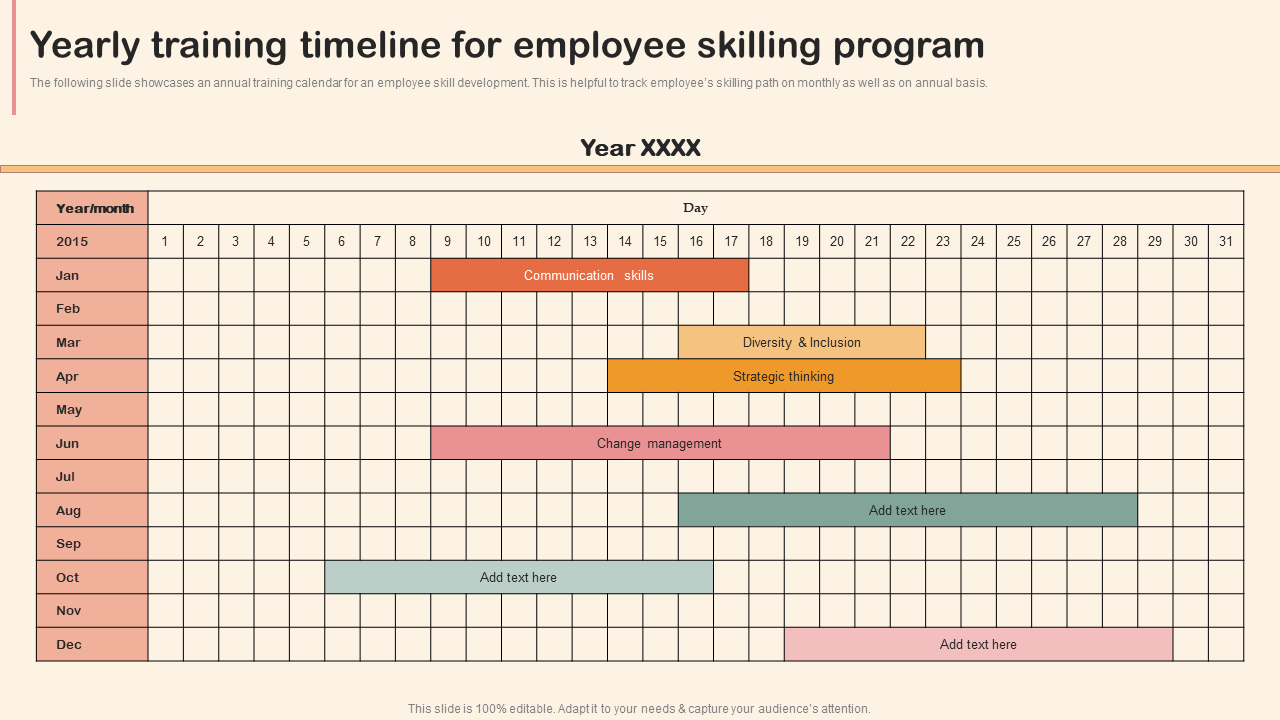 Yearly training timeline for employee skilling program