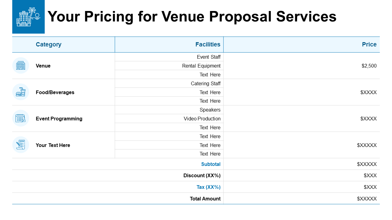 Your Pricing for Venue Proposal Services