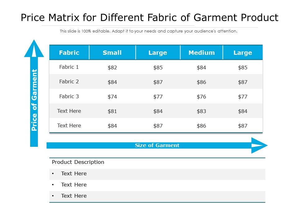 price matrix for dfferent fabric of garment product