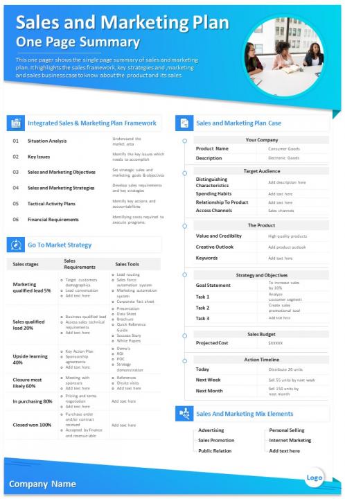 Sales and marketing plan one page summary Sales and marketing plan one page summary