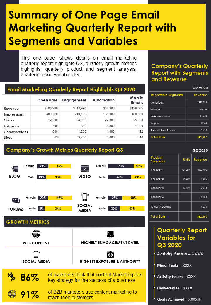 Summary of One Page Email Marketing Quarterly Report with Segments and Variables
