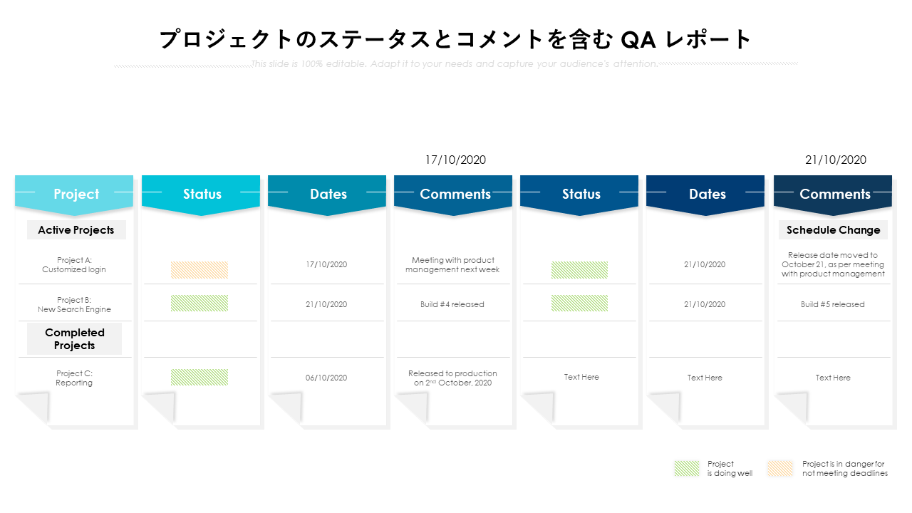 プロジェクトのステータスとコメントを含む QA レポート