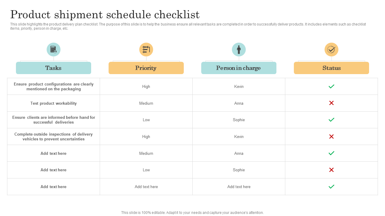 Product shipment schedule checklist Product shipment schedule checklist