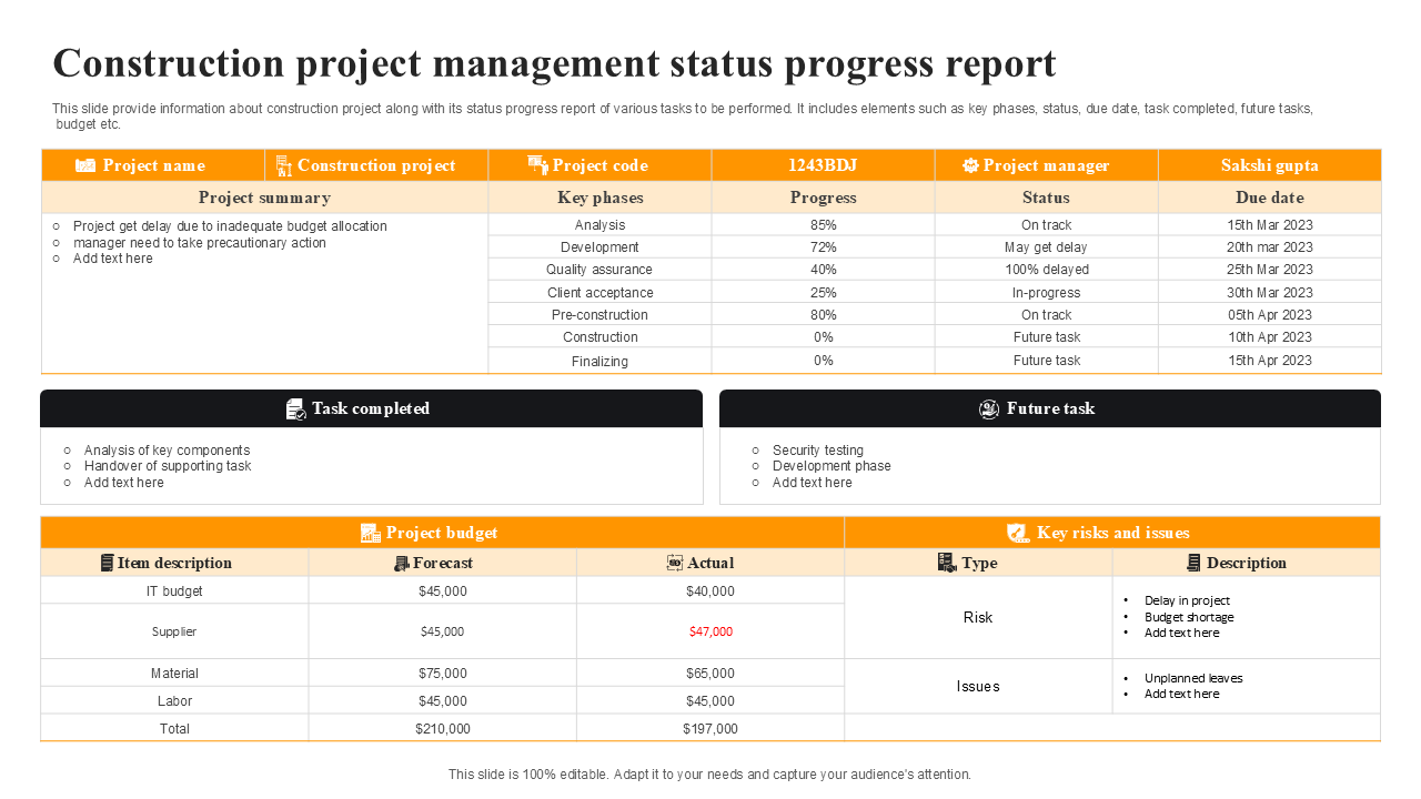 construction project management status progress report