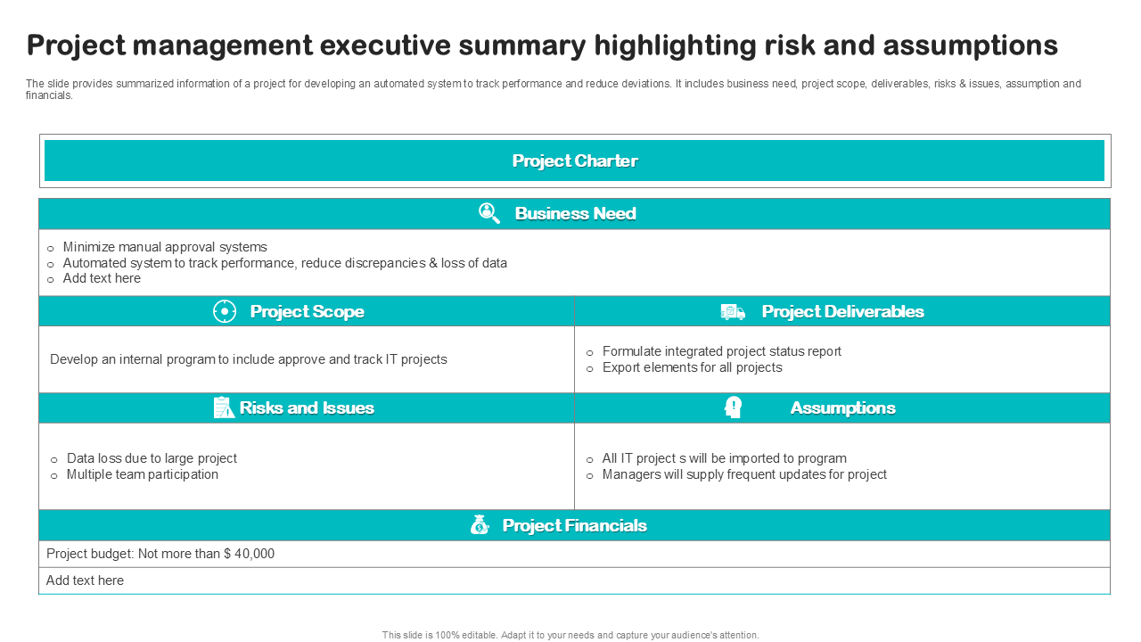 project management executive summary highlighting risk and assumptions project management executive summary highlighting risk and assumptions