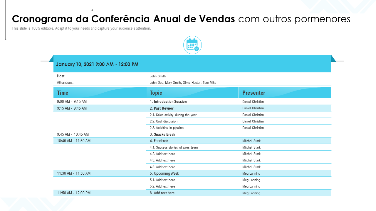 Cronograma da Conferencia Anual de Vendas com outros pormenores